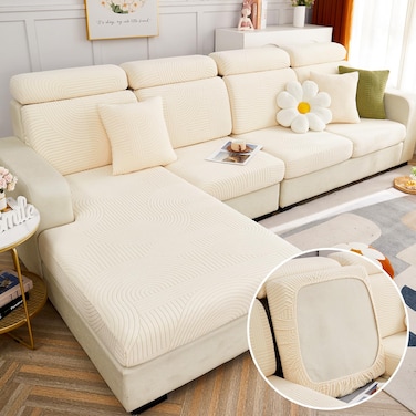 OKYUK Wear-Resistant Universal Magic Sofa Cover, Stretch Couch Cushion Slipcovers Replacement, Anti-Slip L Shape Sofa Covers, Interior Chaise Lounge Sofa Slipcover (Line-Beige, Large 2 Seat Cover)
