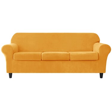 OBCREAT 4 Pieces Sofa Slipcover Stretch Velvet Sofa Covers for 3 Cushion Couch Soft Couch Cover with Elastic Bottom Non Slip Furniture Protector for Pets Kids (Gold, Large)