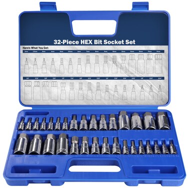 UYECOVE Hex Bit Socket Set, S2 Alloy Steel   32-Piece Allen Head Socket Set SAE and Metric 2mm-19mm H5/64''-3/4''   Enhanced Storage Case