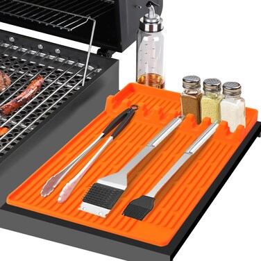 Silicone Grilling Accessories Mat, Larger Silicone Grill Spatula Tools Mats with Drip Pan, Heat Resistant Side Shelf Griddle Seasoning Mat for Outdoor BBQ, Kitchen, Countertop