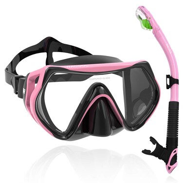 WACOOL Professional Snorkeling Snorkel Diving Scuba Package Set with Anti-Fog Coated Glass Purge Valve and Anti-Splash Silicon Mouth Piece for Men Women (Kids,Pink)