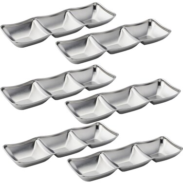 CHWAIKA 6pcs Stainless Steel Soy Sauce Dish Dipping Bowls 3 Grids Divided Sauce Dishes Side Dishes for Soy Sauce, Ketchup, Seasoning, Sushi