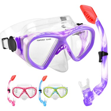 Kids Snorkel Set Dry Top Snorkeling Gear for Kids Youth Boys Girls Junior Age 5-15,Tempered Glass Swimming Diving Mask and Snorkel Set 180 Degree Panoramic View (Purple)