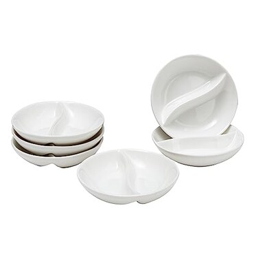 Vikko Mini White Sectional Dish, Set of 6 Porcelain Dipping Sauce Bowls, Small Serving Dish for Condiments, Stackable Round Spice Bowls