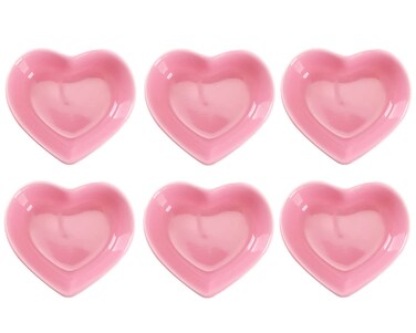 WHJY Pink Love Heart Shaped Ceramic Side Dish Bowl, Contemporary Porcelain Side Dishes Bowl, Seasoning Dishes Soy Dipping Sauce Dishes for Wedding Birthday Party- Set of 6