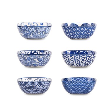 Selamica Ceramic 2.6 OZ Square Dipping Bowl Set, Soy Sauce Dish 3 inch Small Bowls for Ketchup Condiments Side Dish BBQ, Ramekins Oven safe, Stackable, Set of 6, Vintage Blue