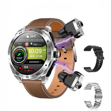 T95 Smart Watch with Earbuds for iPhone Android Smartphones 1.52 Inch Round Bluetooth Call Smartwatch Fitness Tracker All-in-one Smartwatches Long Time Standby TWS Music Watch for Men Women (Silver)