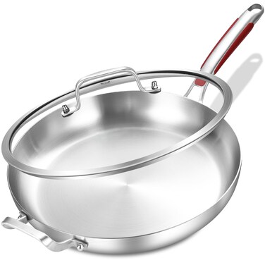Inqibee 14-Inch Tri-Ply Stainless Steel Large Skillet with Lid,Large Frying Pan with Helper Handle,Jumbo Cooker,Induction Pan,Heavy Duty and Dishwasher Safe.
