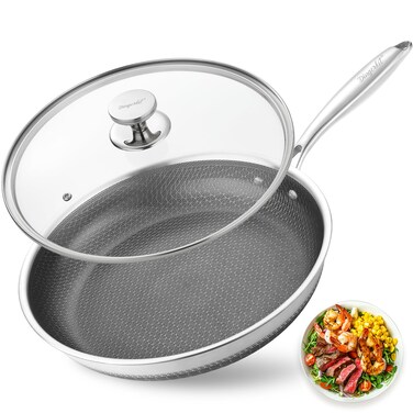 Dingerkit Non Stick Frying Pans, Stainless Steel Nonstick Fry pan with Honeycomb for Kitchen Cooking - 11&acirc;&euro; Skillet with Lid for Cookware - Works with Induction Cooktop Ceramic and Gas.