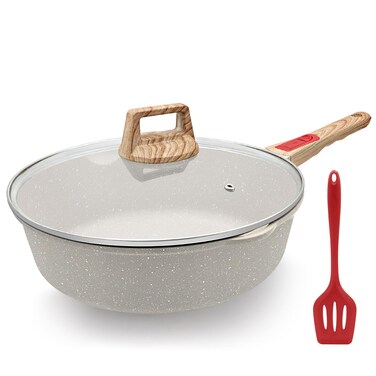 AIKENBBKK 11 Inch/5Qt Nonstick Deep Frying Pan with Lid, Non Stick Skillet with Removable Handle, Aluminum Saut&Atilde;&copy; Pan Compatible with All Stovetops, Dishwasher&amp; Oven Safe (White)