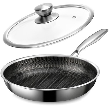 CADIVIZZO Stainless Steel Frying Pan with Lid - 11 Inch Nonstick Frying Pan with Lid, Honeycomb Stainless Steel Skillet Omelet Chef's Pan with Stay Cool Handle, Induction Compatible, PFOA Free