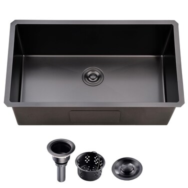 Ufaucet 28 Inch Black Undermount Kitchen Sink 28x18 Stainless Steel 16 Gauge 9 Inch Deep Single Bowl Kitchen Sink with Strainer