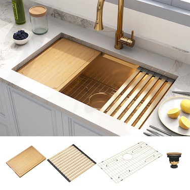 MONSINTA Kitchen Sink, Undermount Kitchen Sink With Workstation Ledge, 10" Depth, Gold Color, Single Bowl Stainless Steel Kitchen Sink With Accessories (30" x 18" x 10")