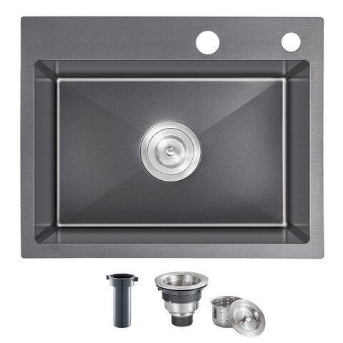 OUGOO 22 x 18 inch Drop in Kitchen Sink, 9&quot; Deep Single Bowl Kitchen Sinks,T-304 Stainless Steel Topmount Sink with Strainer, Black