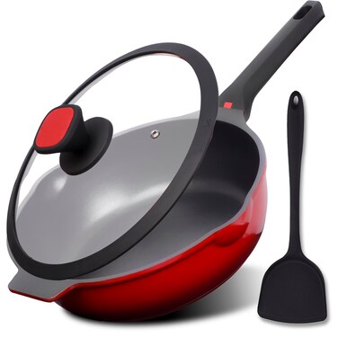 DIIG Nonstick Deep Frying Pan Skillet with Lid, 12 inch/ 5.5 QT Saute Pan with Silicone Spatula, Sauce Pan Cookware Cooking Chef Pan, Cast Aluminum Induction Compatible, Ruby Red