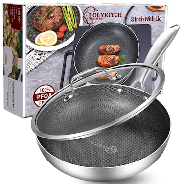 LOLYKITCH 8.5 Inch Tri-ply Hybrid Stainless Steel Non-Stick Saut&Atilde;&copy; Pan with Lid,Skillet,Induction Deep Frying Pan,Skillet,Heavy Duty and Oven Safe,Riveted Handle.