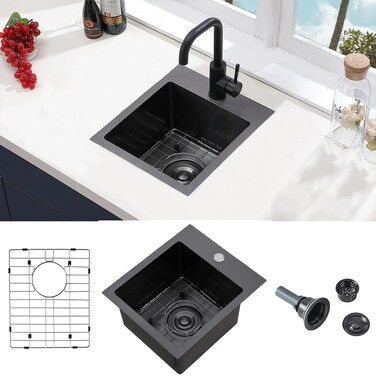VCCUCINE Gunmetal Black Bar Sink Drop in, 13x15 Inch Topmount RV Small Kitchen Sink, Handmade Stainless Steel Wet Bar Sink, Outdoor Single Bowl Prep Sink with Dish Grid &amp; Drain