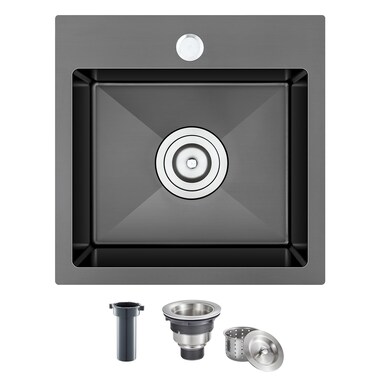 ROVATE 15 inch Drop in Bar Sink Single Bowl, Small Black Nano Kitchen Sink Top-mount, Overmount Handmade 304 Stainless Steel Bar Sink with Basket Strainer, 15 x 15 x 8 inch