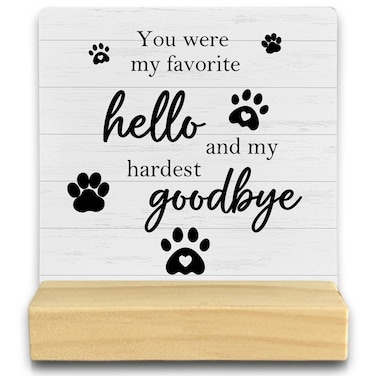 QASHWEY Dog Memorial Gifts Desk Decor, Dog Pet Cat Loss Sympathy Gift Wood Table Signs, Dog Pet Passing Away Gifts, Pet Dog Cat Memorial Hardest Goodbye Wooden Plaque with Wooden Stand for Home