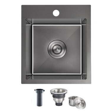 KINKIB 13 &Atilde;&mdash; 15 inch Drop in Bar Sink Black, Topmount Small Kitchen Sink Single Bowl, Handmade T-304 Stainless Steel Overmount Kitchen Bar Sink with Basket Strainer