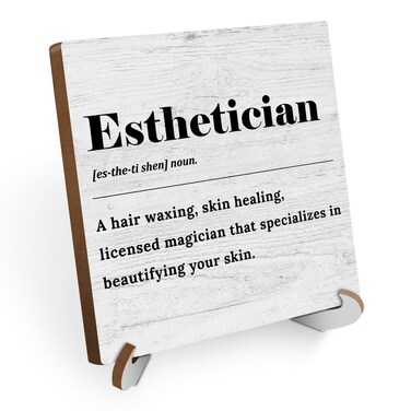 Esthetician Definition Wood Sign Desk Decor Rustic Esthetician Supplies Office Cubicle Decor Plaque with Wooden Stand Farmhouse Beauty Salon Desk Accessories for Home Table Shelf Centerpieces