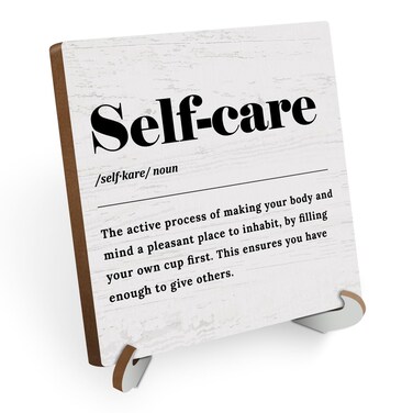 Self Care Definition Wood Sign Desk Decor Motivational Mental Health Rustic Office Cubicle Decor Inspirational Quotes Plaque with Wooden Stand Therapist Office Desk Accessories for Home Table Shelf