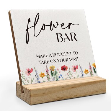 ANIANG Flower Bar Desk Decor, Flower Bar Sign, Bridal Shower Sign Wood Plaque, Wedding Flowers, Wedding Accessories for Reception Wooden Plaque Sign with Wood Stand for Wedding Reception Table Decor
