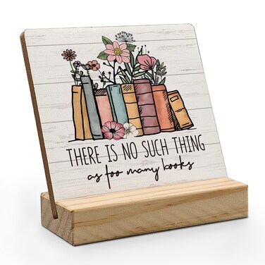ANIANG Reading Room Book Desk Decor, Book Lovers Bookworm Gifts Wood Plaque, There is No Such Thing As too Many Books Wooden Plaque Sign with Wood Stand for Reading Room Home Library Shelf Decor