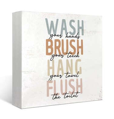 Mtrgdn Kids Bathroom Decor Wooden Sign, Wash Brush Hang Flush Wooden Box Sign Plaque Decor for Kids Bathroom Restroom Toilet Shelf Table Desk Decoration 5x5 Inch