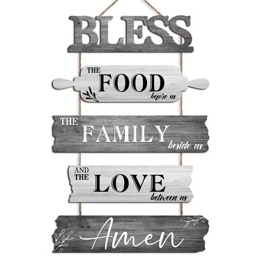 Pigort Kitchen Wall Decor Bless the Food Before Us Dining Room Wall Decor - Farmhouse Wall Art For Kitchen Dining Room- Wooden Rustic 5pcs Roped Sign 12x18 Inches (Grey)