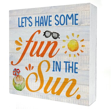 Fun Vacation Wooden Box Sign Desk Decor Summer Fun in the Sun Wood Block Plaque Box Signs Farmhouse Rustic Box Sign for Home Beach House Shelf Table Decoration (5 X 5 Inch)