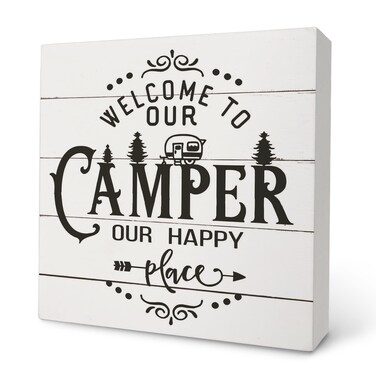 Knibeo Camper Welcome Box Sign - Camper Gifts, RV Wooden Desk Sign 5x5, Travel Wall Decor, Camping Decor for Camper, Camper Decorations for Inside, Happy Camper Gifts