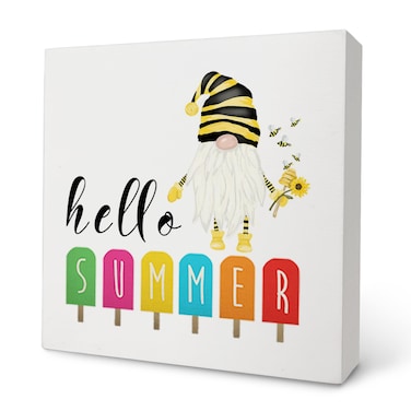 Knibeo Hello Summer Beach Surfer Gnome Popsicle Ice Cream Wood Box Sign Decor,Farmhouse Summer Beach Wooden Block Plaque Box Sign For Coastal House Home Office Wall Tabletop Desk Decorations