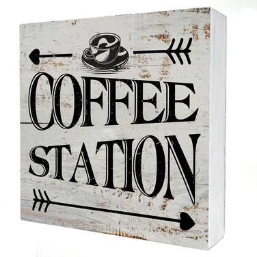 Funny Coffee Wooden Box Sign Desk Decor Retro Coffee Station Wood Block Plaque Box Signs with Quotes Rustic Box Sign for Home Kitchen Shelf Table Decoration (5 X 5 Inch)