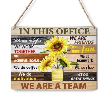 Inspirational Summer Sunflower Signs Wall Decor Teamwork Quotes Sunflower Rustic in This Office We are Friends,We are a Team Wood Plaque Wooden Hanging Sign Decoration for Home Office Door 8 x 10