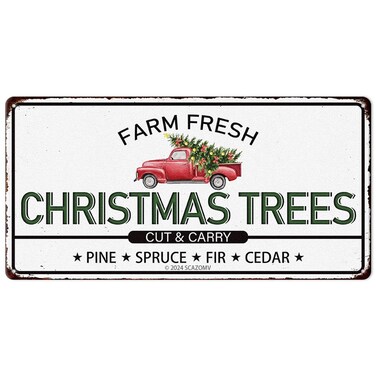 Farm Fresh Christmas Trees Cut And Carry Pine Spruce Fir Cedear Metal Tin Sign Retro Poster for Kitchen Cafe Bar Home Wall Decor Art Winter Indoor Outdoor Decorative Hanging Plaque 6x12 Inch