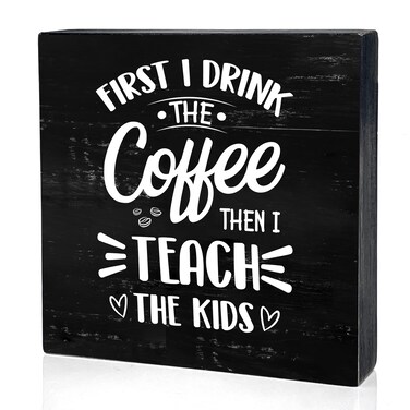 Funny Coffee Wooden Box Sign Desk Decor First I Drink Coffee Then I Do Things Wood Block Plaque Box Signs Rustic Black Box Sign for Home Kitchen Living Room Office Shelf Table Decoration (5 X 5 Inch)