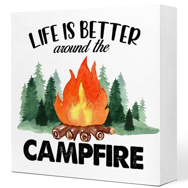 Funny Better Around The Campfire Camping Wood Plaque Sign Desk Decor,Rustic Camping Quote Wood Block Sign Desk Decorations for Home Camper RV Desk Shelf Table Decor