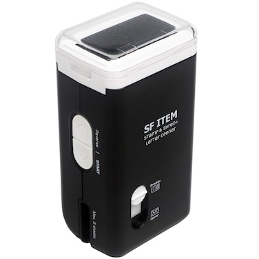 Paper Shredder Letter Opener Identity Security Stamp 3 in 1 Multifunctional Mini Electric Shredder Letter Opener Identity Protection Stamps Portable Strip Cut Compact Shredder Without Basket (Black)