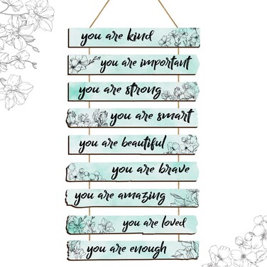 Yookeer One Set of 9 Pieces Inspirational Floral Paris Wall Decors You Are Loved Affirmations Wall Art Decors Wooden Hanging Wall Positive Mental Health Decors for Girls Women Bedroom(Light Green)