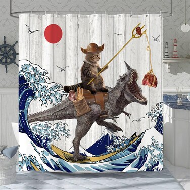 Fowocu Funny Cat Dinosaur Shower Curtain Fun Cool Cat Japanese Ocean Wave Waterproof Fabric Shower Curtains for Bathroom Kids Rustic Wood Farmhouse Bath Curtain Decor (72''&Atilde;&mdash;72'', Brown)