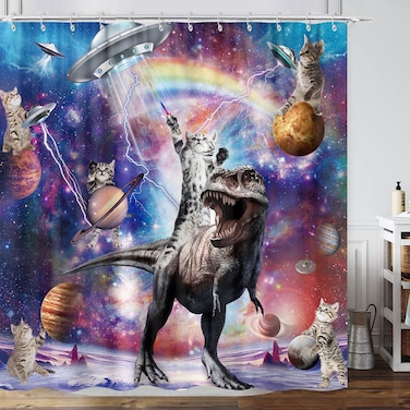 Funny Cat Shower Curtain, Cool Cat Riding Dinosaur on Fantasy Universe Galaxy Space UFO Shower Curtain for Boys Kids, Hilarious Cat Anime Cool Waterproof Fabric Shower Curtain Set, 72"X72