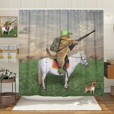 DYNH Funny Animals Shower Curtain, Cat Cowboy with Rifle Rides A Horse on Green Grass Ranch with Cow Dog Shower Curtain for Bathroom, Fabric Kids Bathroom Set 12PCS Hooks,69X70IN (Cat, 70"X70")