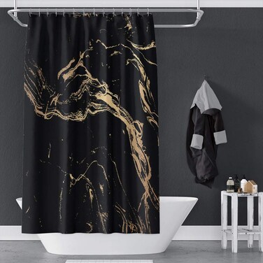 OERJU 72x72inch Marble Texture Shower Curtain Gold Powder Swirl Modern Abstract Art Luxury Black Waterproof Fabric Bathroom Polyester Shower Curtain for Bathtub Showers Machine Washable with Hooks