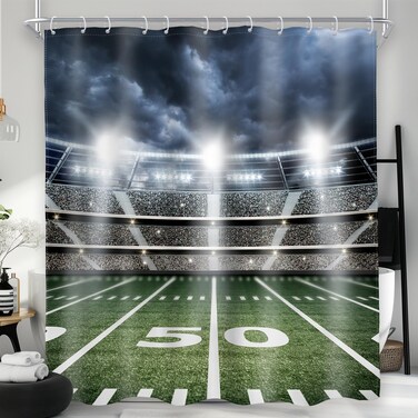AMBZEK American Football Shower Curtain Boys Sports Bathroom Accessories 60Wx72L Men Masculine Shower Curtain Set Stadium Field Soccer Green Cloth Fabric Bathroom Decor Set with 12 Pack Hooks