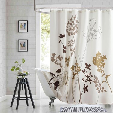 BESTRIPES Floral Fabric Shower Curtain, Beige Brown Grey Plant Shower Curtains for Bathroom, Waterproof Bathroom Curtains, 72" W x 72" H