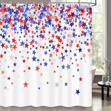 ICTEISOM American Patriotic Shower Curtain 4th of July Independence Day Shower Curtain with Hooks Set Blue Red Stars Shower Curtains for Bathroom Waterproof Fabric 72 x 72 Inches