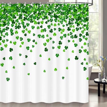 ICTEISOM St. Patrick's Day Shower Curtain, Green Clover Shamrock Leaf Decor Fabric Shower Curtains, Irish Green White Bathroom Shower Curtain Set with Hooks 72 x 72 Inches