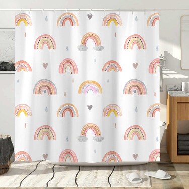 Rainbow Shower Curtain for Bathroom, Modern Simple Cute Boho Bath Curtains , Mid Century Abstract Sun Rainbow Fabric Colourful Shower Curtain with Hook 69x70