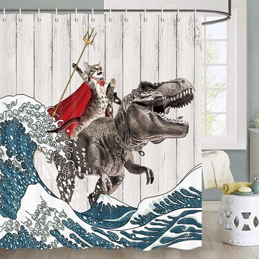 Funny Cat Shower Curtain, Cool Cat Dinosaur Japanese Ocean Wave Shower Curtain, Cat Riding Dinosaur Fun Shower Curtain Nautical Kids Children Rustic Wooden Farmhouse Shower Curtain, 72X72inch, Brown